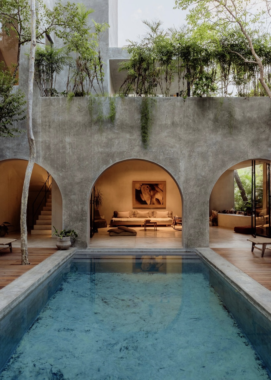 Sculptural villa architecture with strong shadow lines