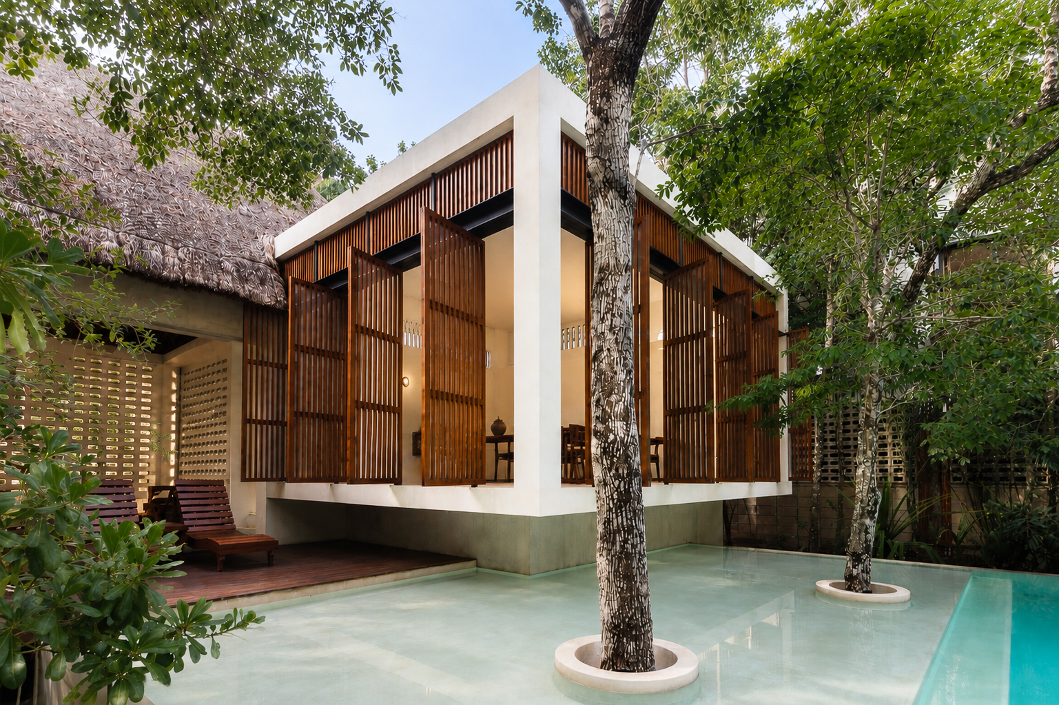 Private villa terrace and pool set up for a group trip